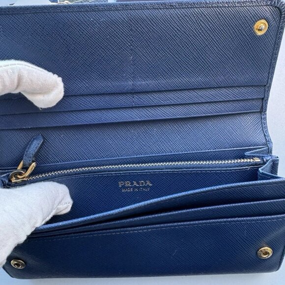 Prada Saffiano Blue Leather Long Wallet. 3 Way Use. W/no Brand Chain - Picture 6 of 16